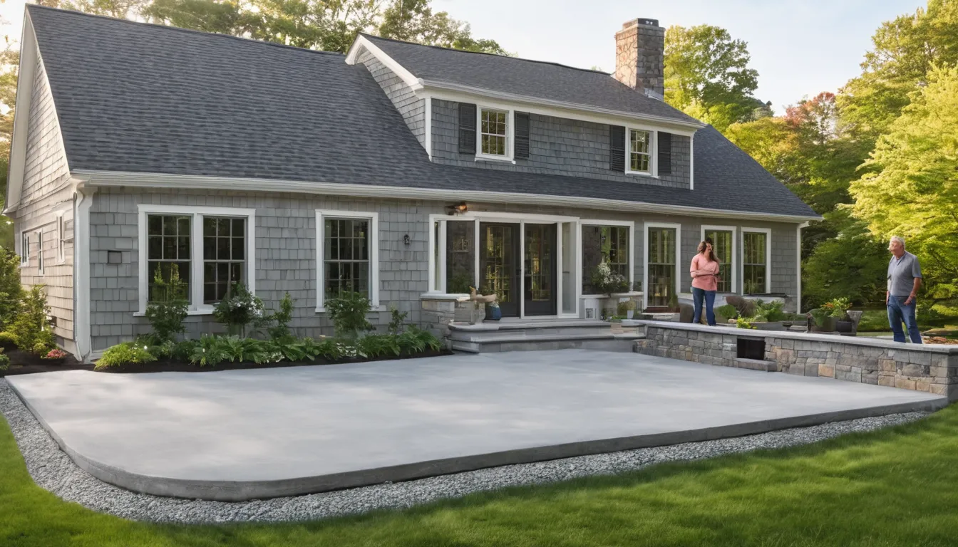A new broom-finish concrete patio behind an older home in West Leechburg, set with outdoor chairs and a small table